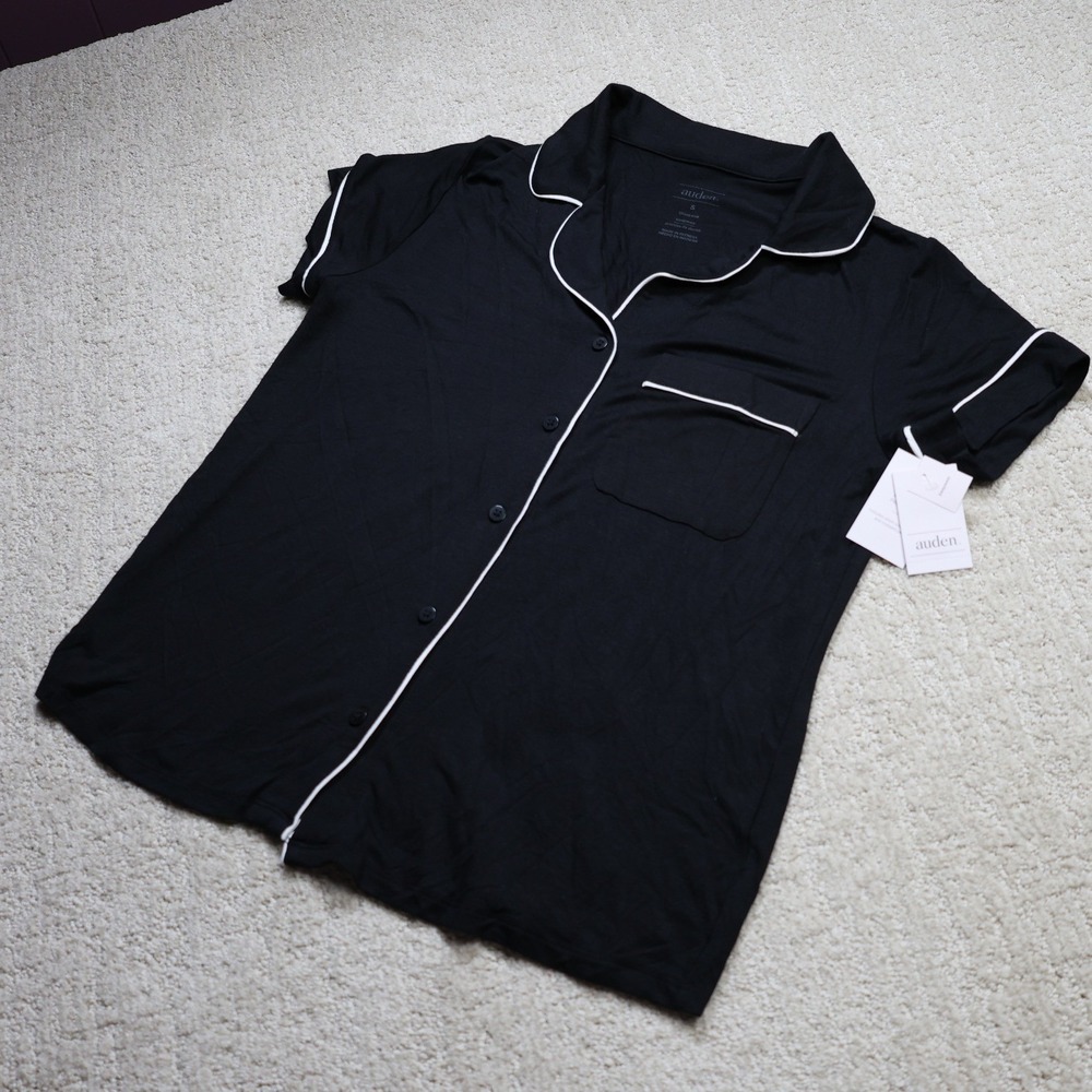 Auden Cloud Knit Pajama Top Black White Piping Short Sleeve Button Down Small